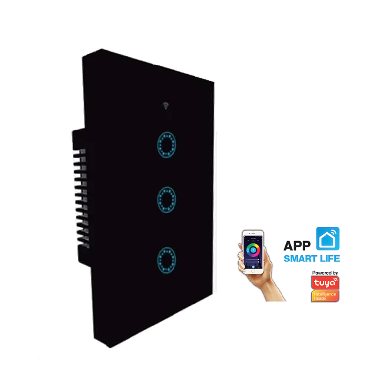 INTERRUPTOR SMART WIFI P/PARED 3 CANALES VIDRIO TEMPLADO NEGRO - TBCIN