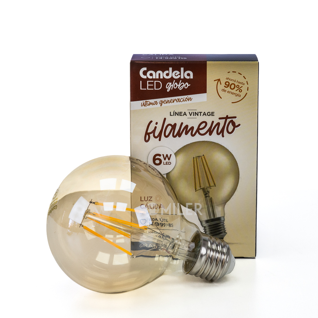 LAMPARA FILAMENTO LED GLOBO G80 6W LUZ CALIDA - CANDELA