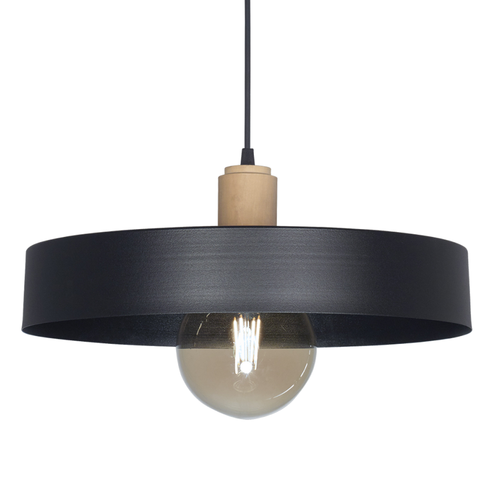 COLGANTE CHAPA 40CM 1 LUZ CON DETALLE MADERA E27 NEGRO - SAN JUSTO