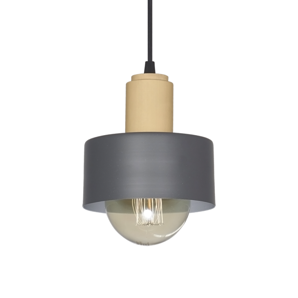 COLGANTE CHAPA 15CM 1 LUZ CON DETALLE MADERA E27 GRIS - SAN JUSTO