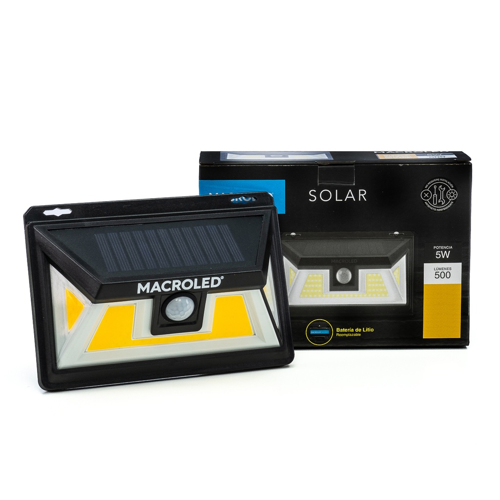 LUMINARIA SOLAR LED DE PARED 5W C/ SENSOR DE MOVIMIENTO LUZ CALIDA IP65 - MACROLED