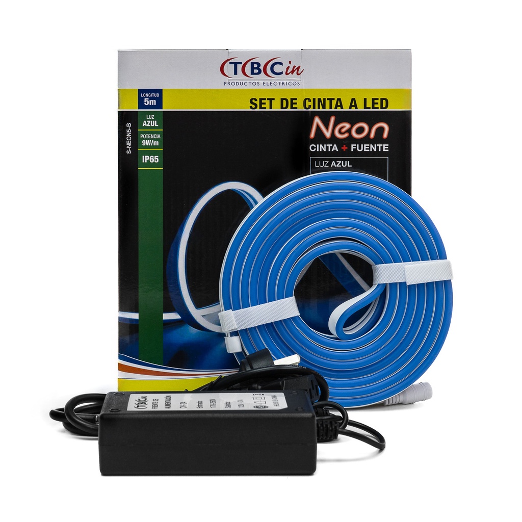 KIT CINTA LED DE NEON AZUL AUTOADHESIVA FLEXIBLE 5MTS 9W/MTS IP65 + FUENTE - TBCIN