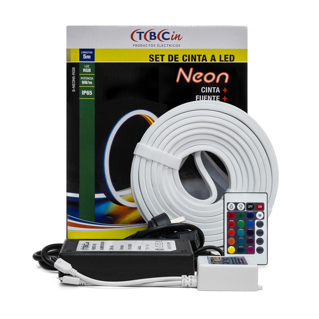 KIT CINTA LED DE NEON RGB AUTOADHESIVA FLEXIBLE 5MTS 9W/MTS IP65 + CONTROLADOR + FUENTE - TBCIN