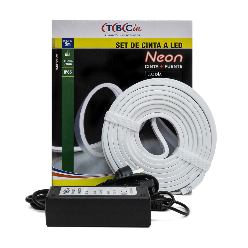 KIT CINTA LED DE NEON LUZ DIA AUTOADHESIVA FLEXIBLE 5MTS 9W/MTS IP65 + FUENTE - TBCIN