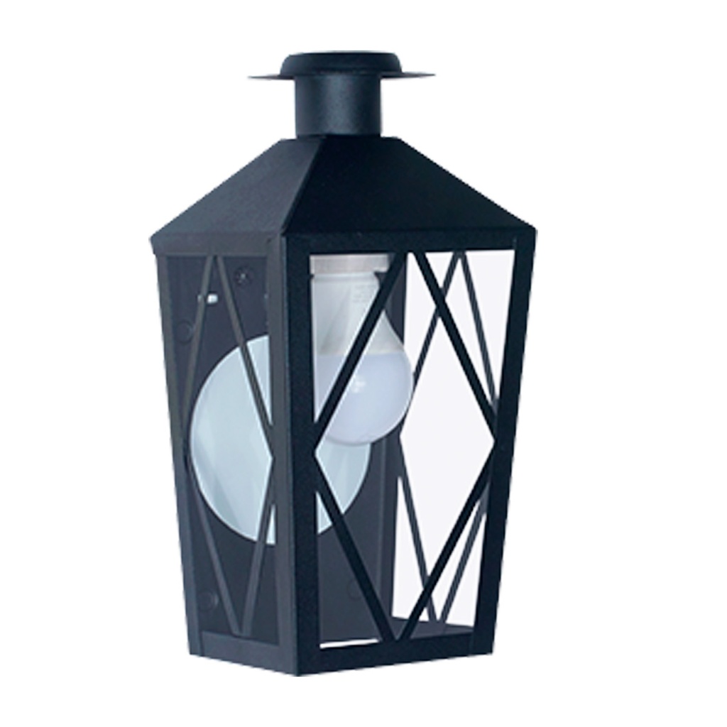 FAROL DE PARED CHAPA TRAPEZOIDAL CON REJA Y SOMBRERO 14X30X12CM 1 LUZ E27 NEGRO - SAN JUSTO