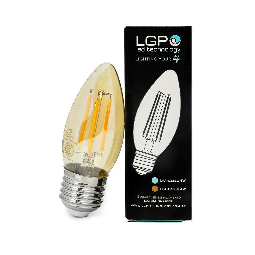 LAMPARA FILAMENTO LED VELA 4W E27 CALIDA VIDRIO DORADO - LGP TECHNOLOGY