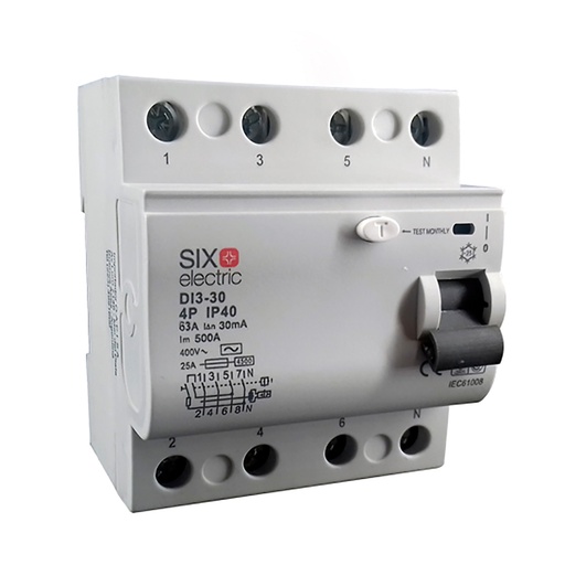 [SX/4439791] DISYUNTOR DIFERENCIAL TETRAPOLAR 4X63A 30MA - SIX ELECTRIC