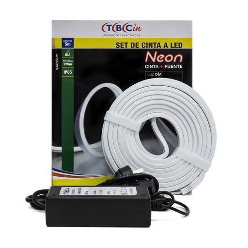 [TBC/S-NEON5-W] KIT CINTA LED DE NEON LUZ DIA AUTOADHESIVA FLEXIBLE 5MTS 9W/MTS IP65 + FUENTE - TBCIN