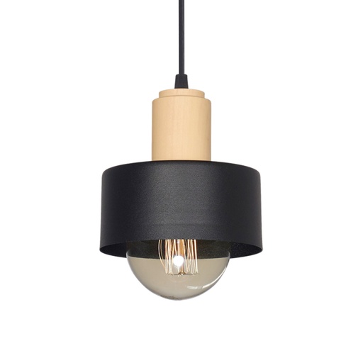 [SJ/M3000-02] COLGANTE CHAPA 15CM 1 LUZ CON DETALLE MADERA E27 NEGRO TEXTURADO - SAN JUSTO